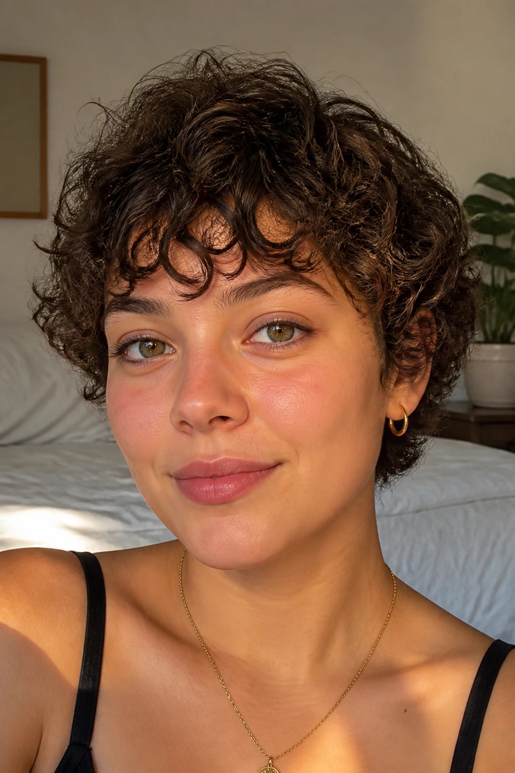 Close-up of a real person with a wispy fringe curly crop
