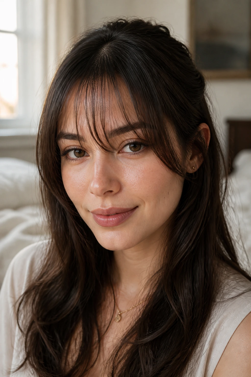 Portrait of wispy see-through fringe on real person with feather-light pieces.