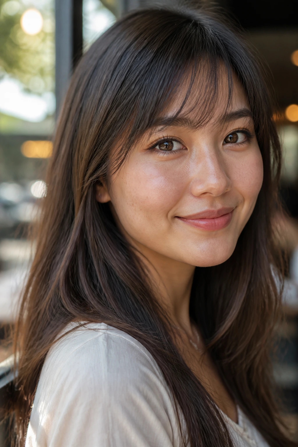 Close-up portrait of a real woman with wispy fringe keeping forehead light in a cafe setting