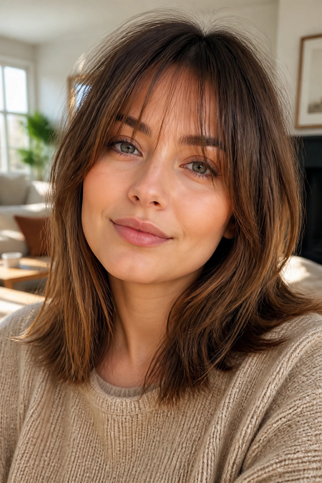 Close-up of a real woman with a wispy fringe and shoulder-length hair