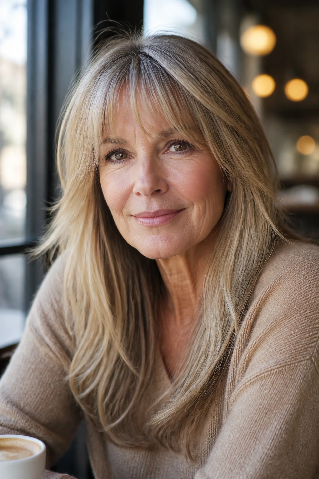Portrait of a woman with wispy fringe and long hair framing the soft forehead in daylight.