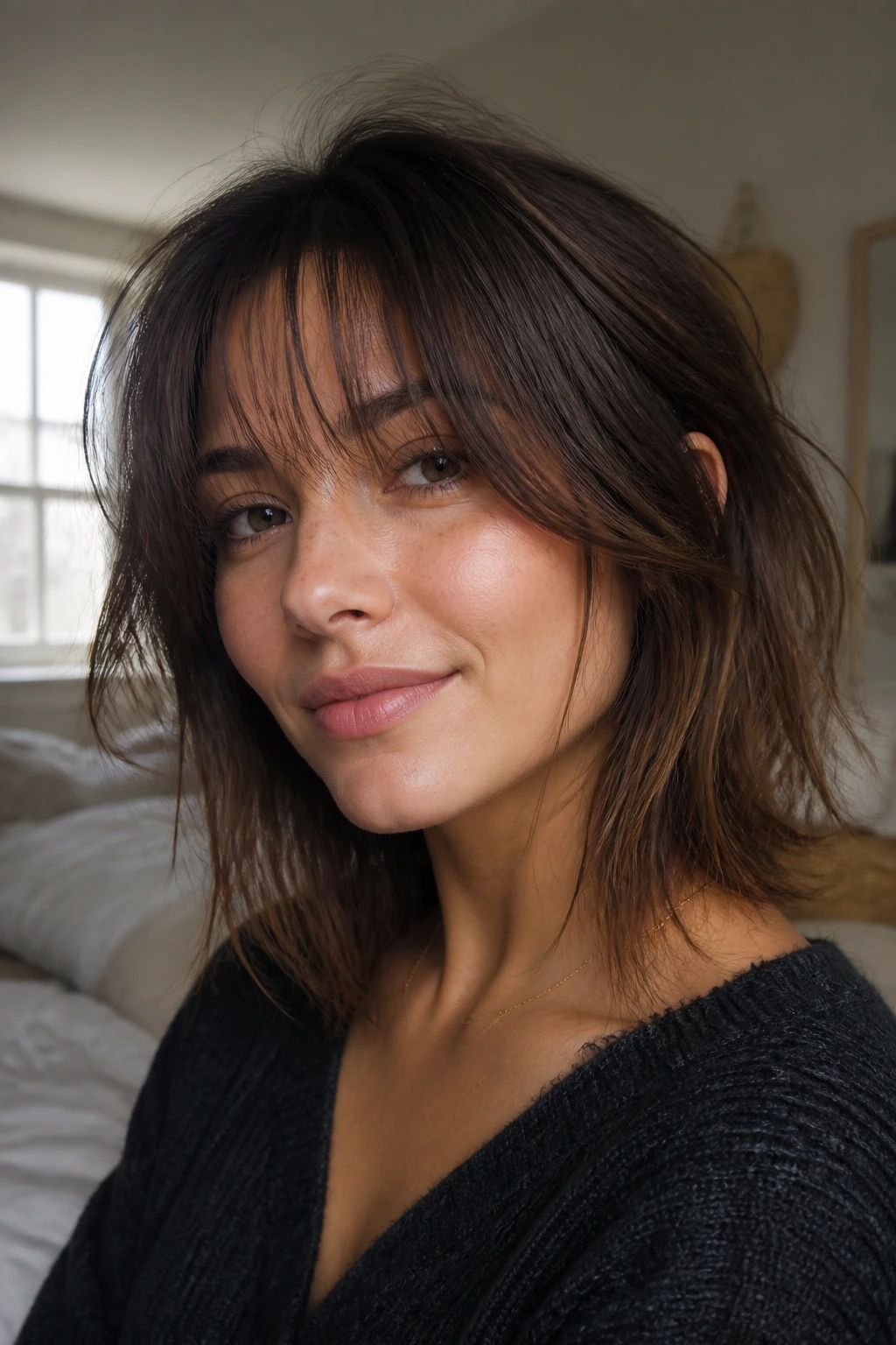 Close-up of a real woman with wispy fringe cuts in a sunlit bedroom