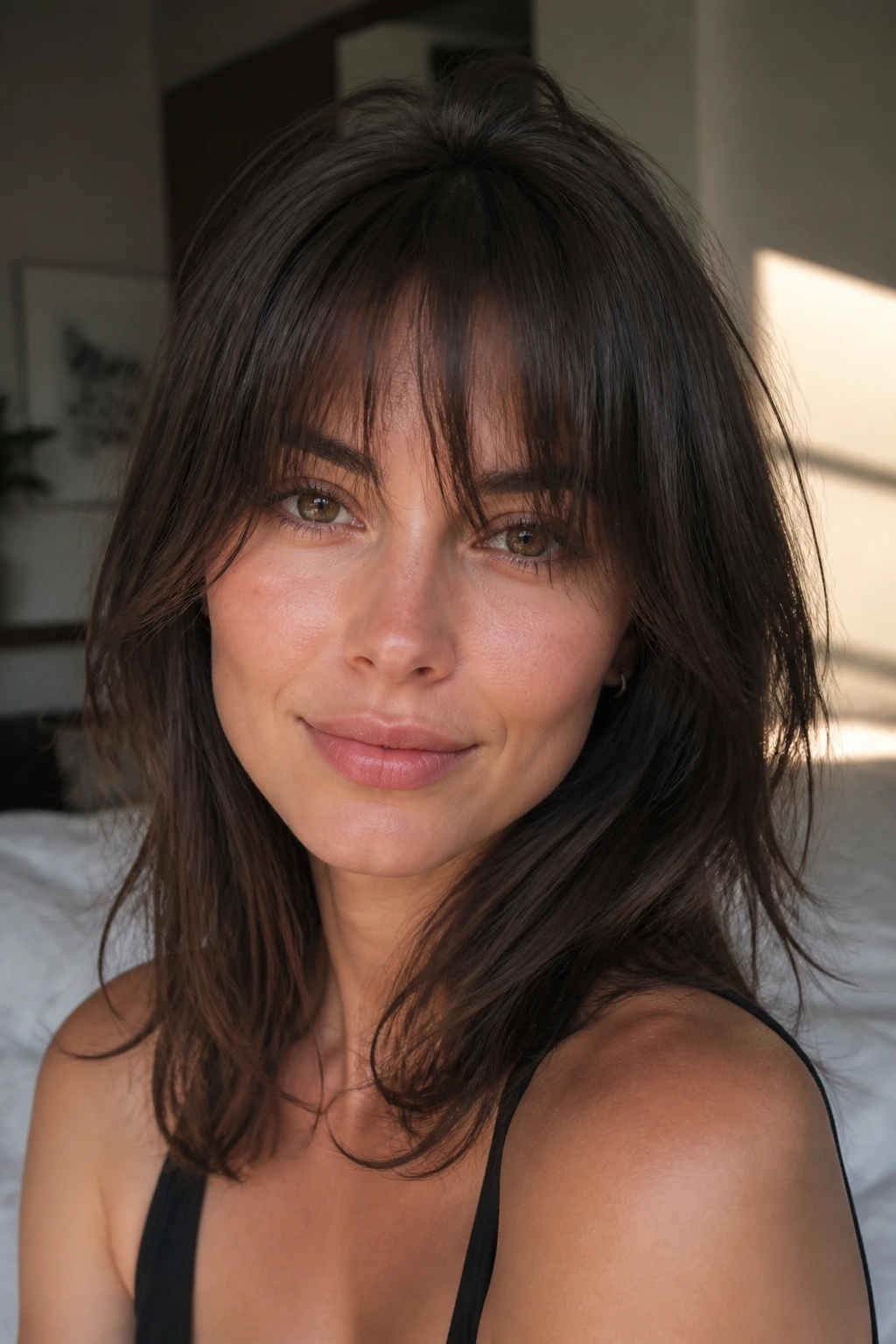 Close-up portrait of a real woman with wispy bangs under natural window light in a cozy bedroom