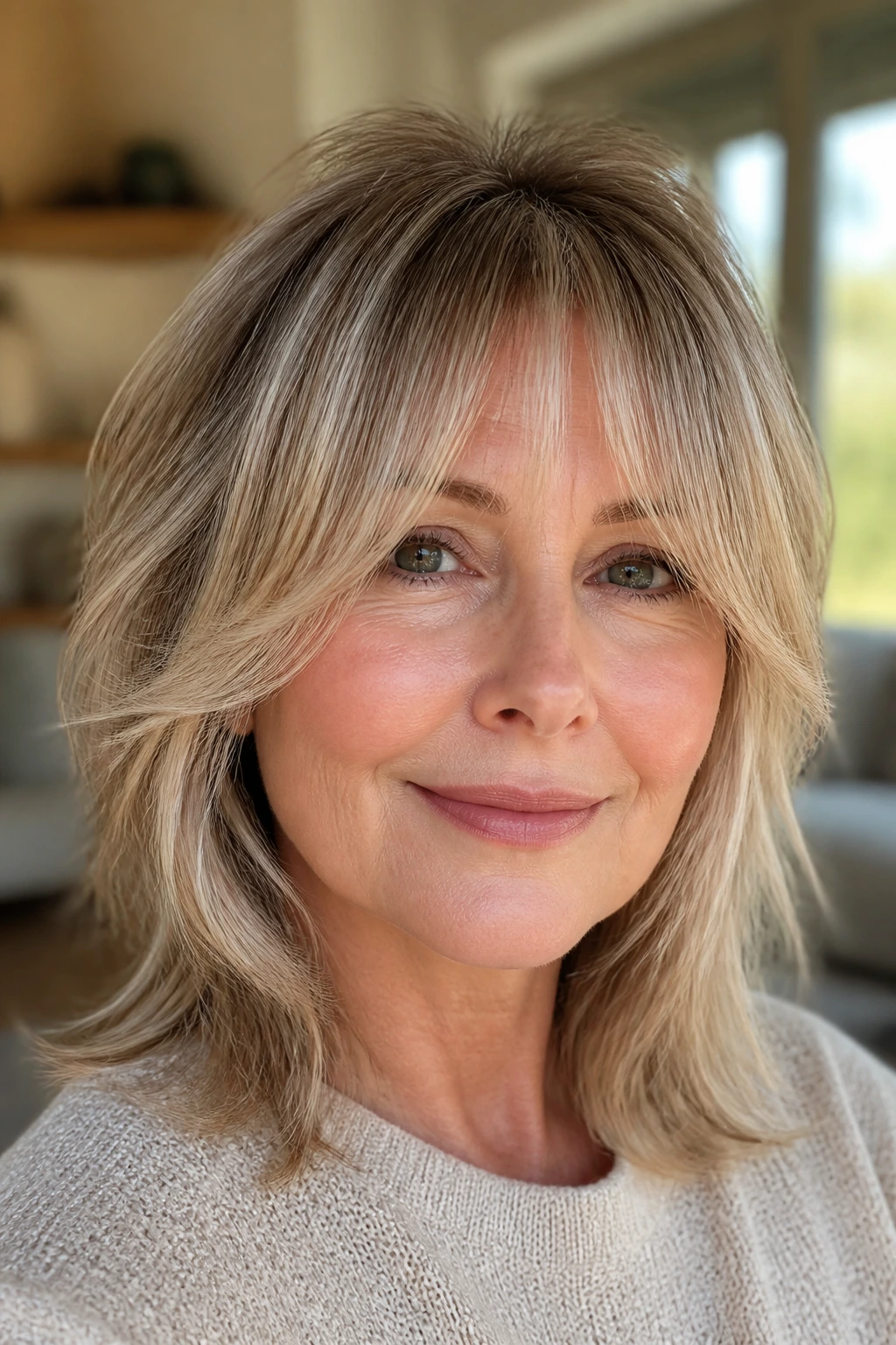 Close-up portrait of a real woman with wispy airy fringe and layered hair in warm window light