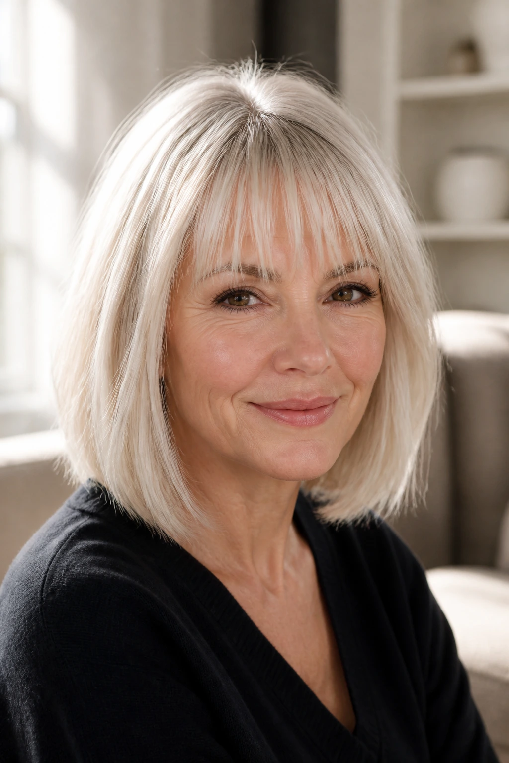 Real woman with wispy fringe lob softening the forehead