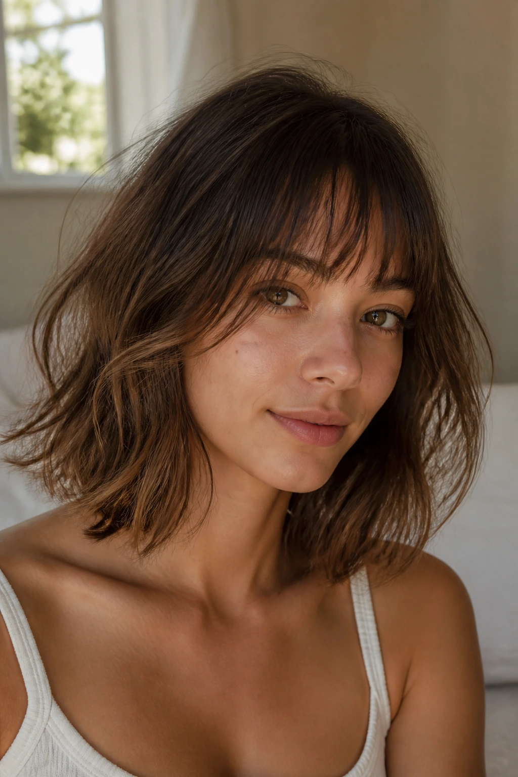 Close-up of a real woman with wispy fringe lob and light bangs above the eyes