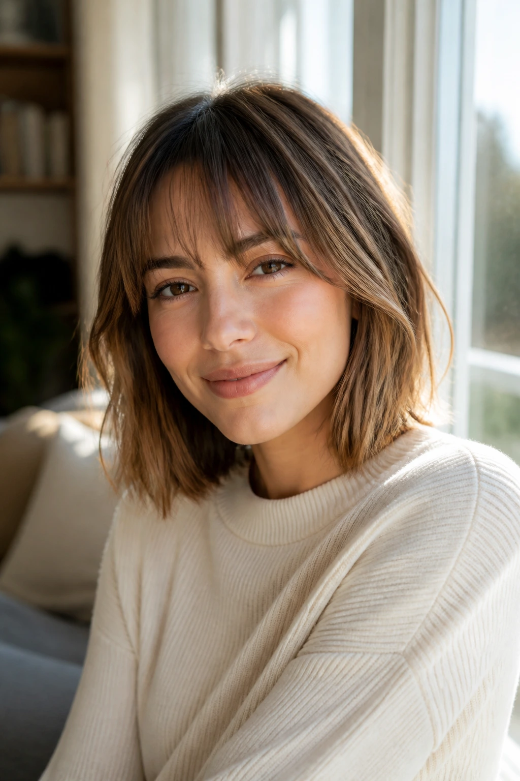 Real woman with wispy fringe lob, soft light through a window.