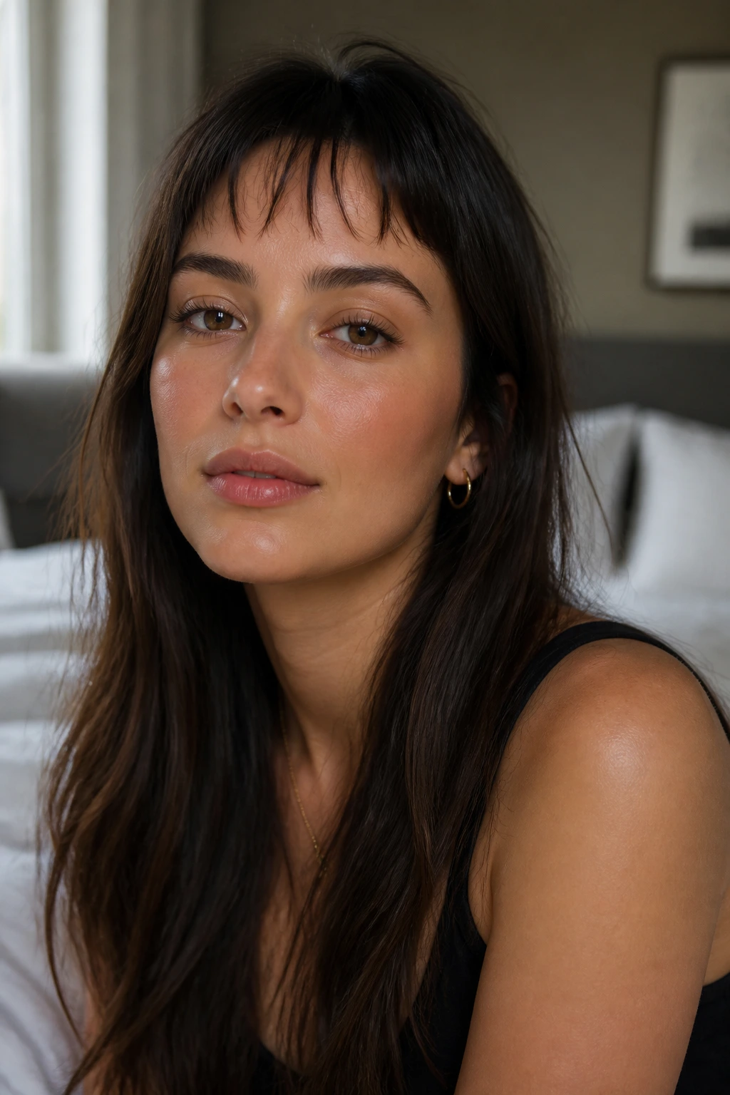 Close-up portrait of a real woman with a wispy fringe and long hair