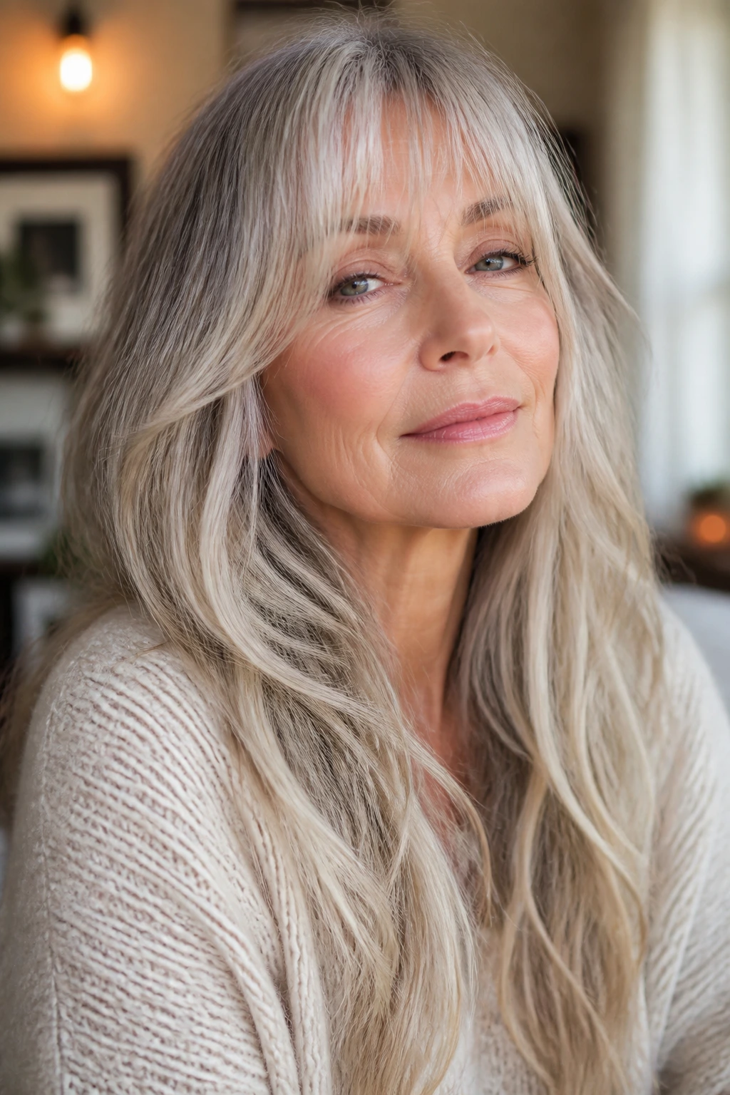 Real woman with wispy fringe and long hair in a cozy, sunlit setting.