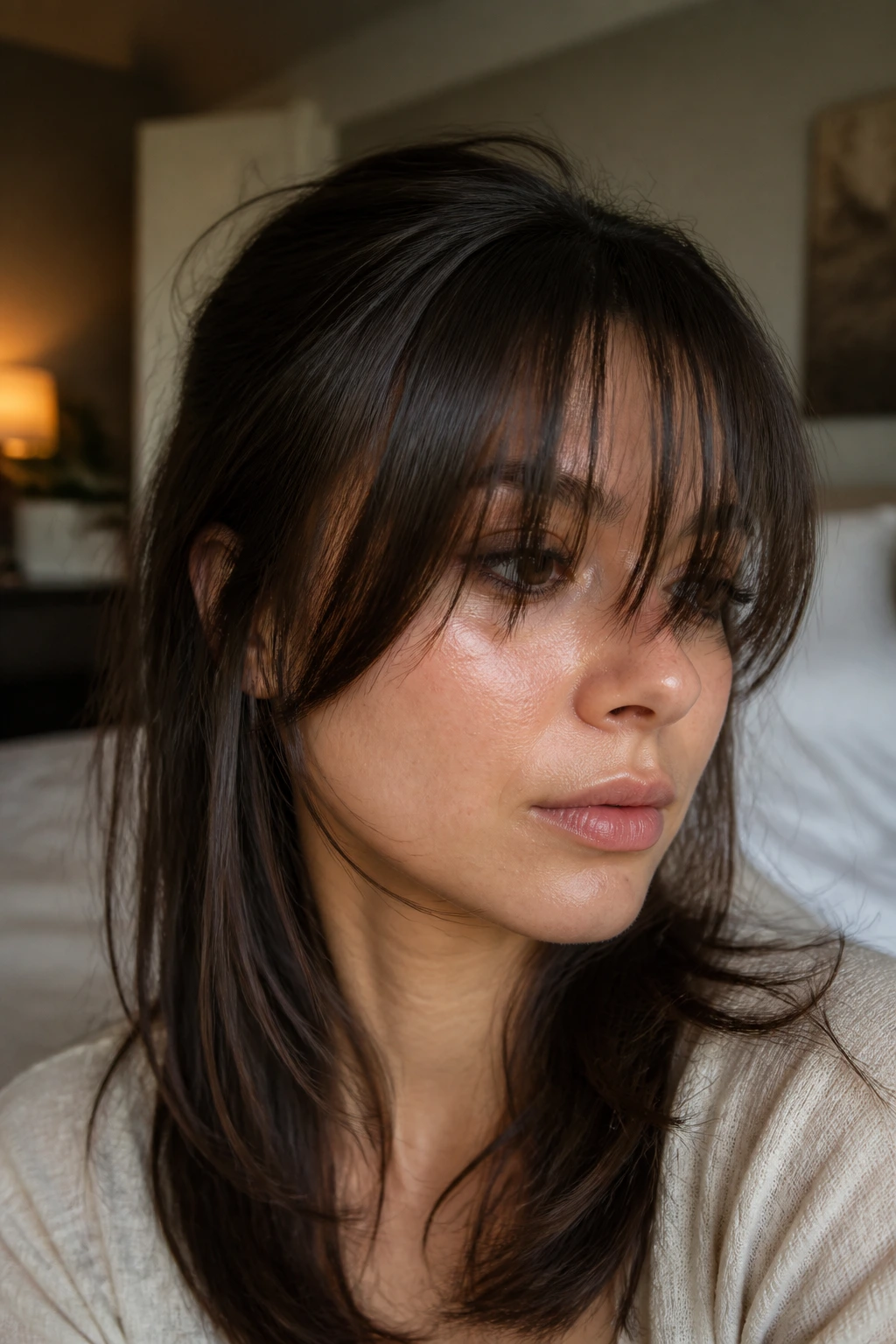 Close-up portrait of a woman with dense wispy side bangs that look collapsed and choppy.