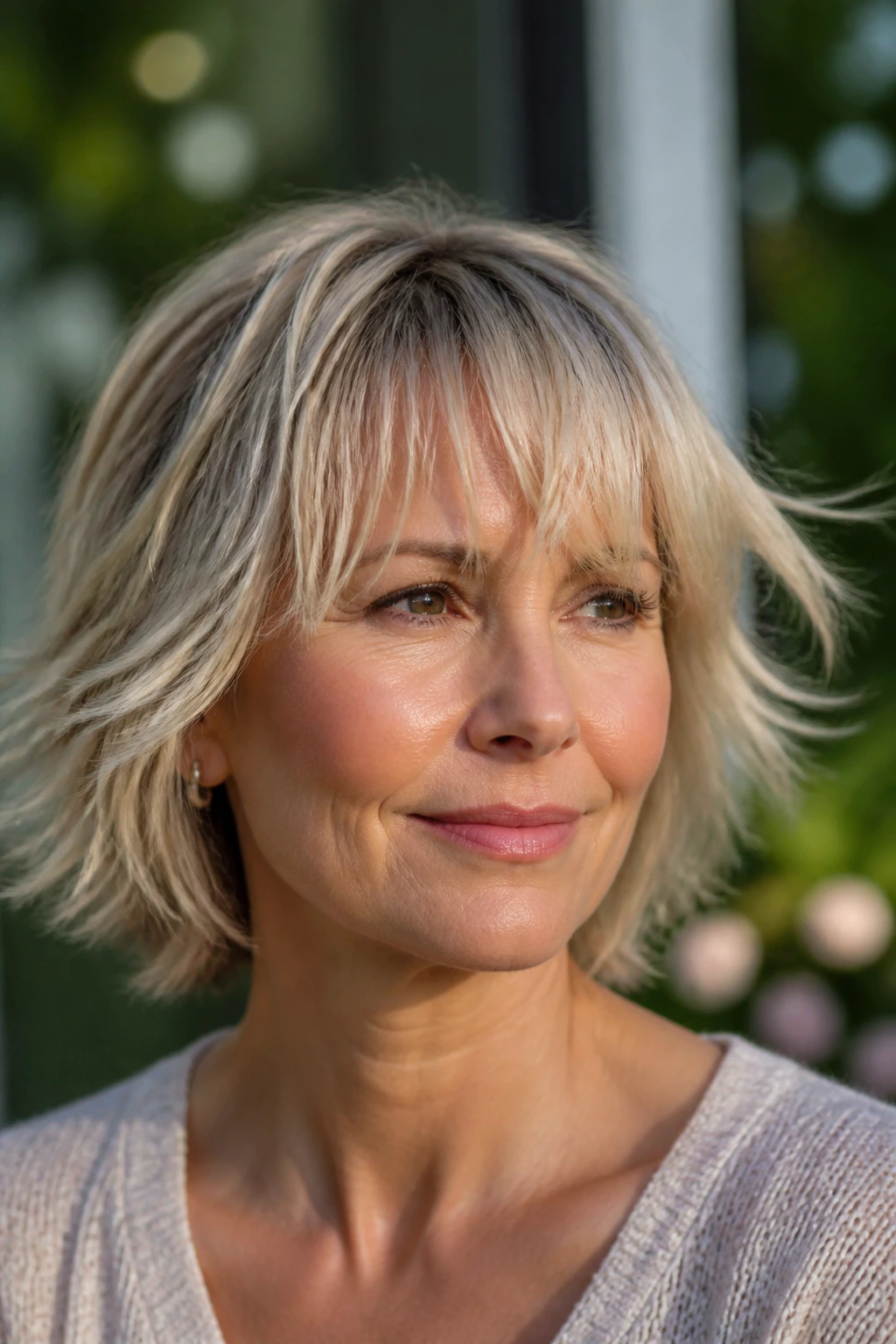 Portrait of a woman with wispy fringe that moves in a breeze.