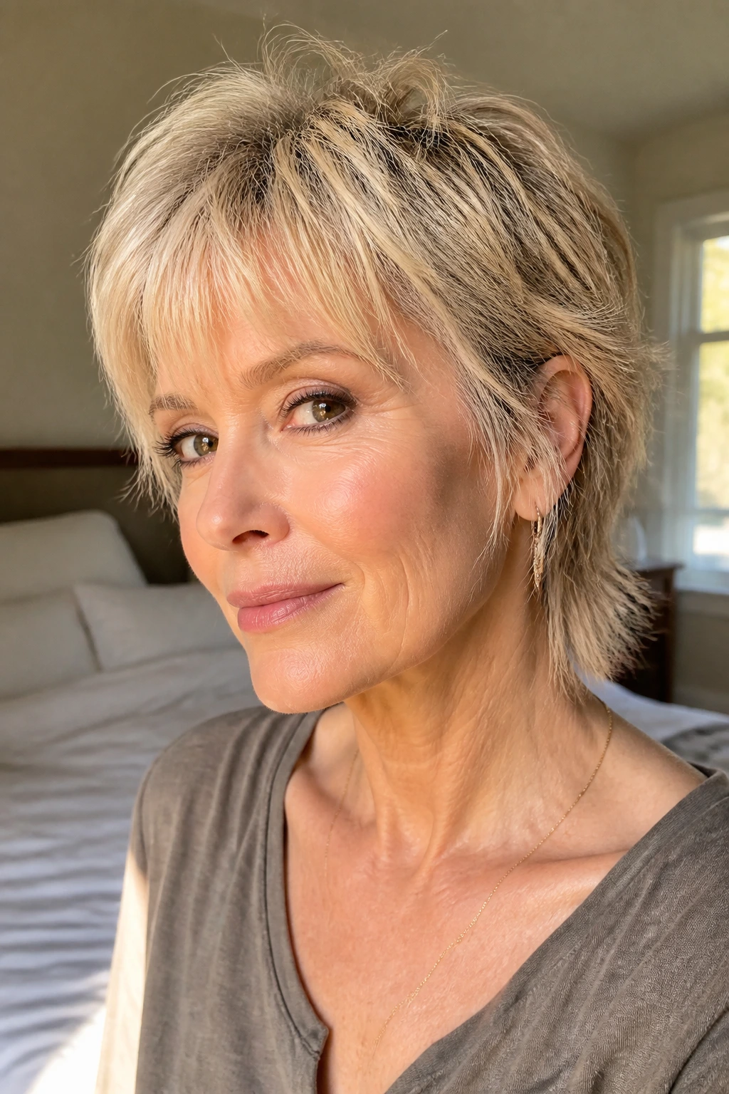 Close-up portrait of a real woman with a wispy fringe mullet in soft window light.
