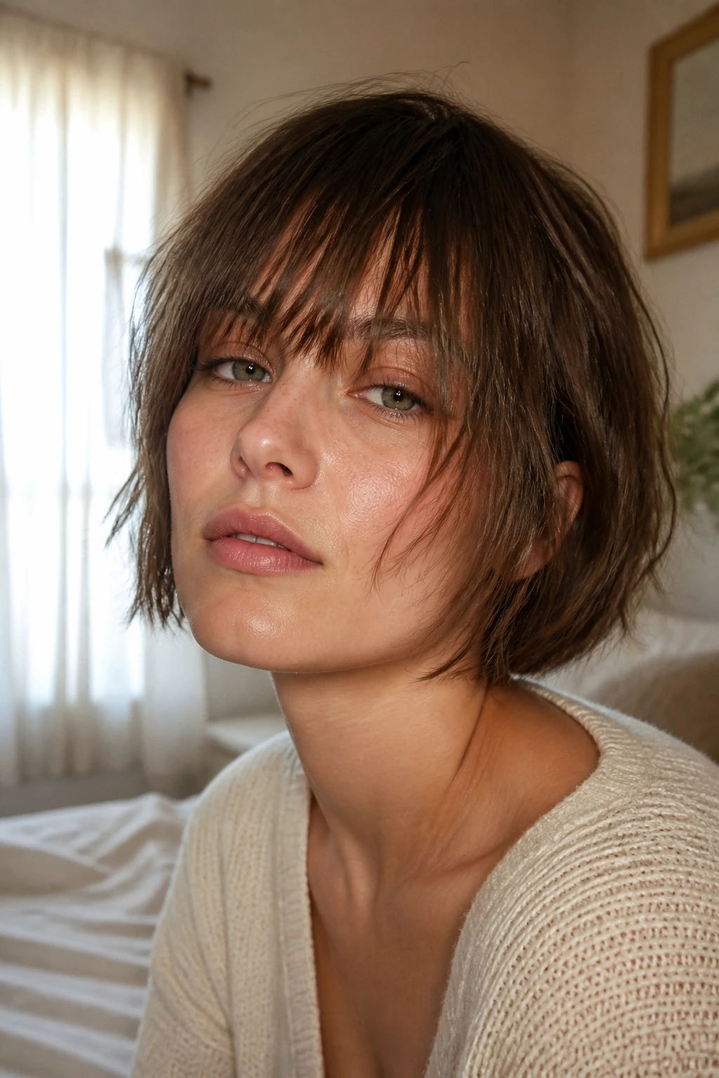Close-up of a real woman with wispy overgrown fringe in warm window light