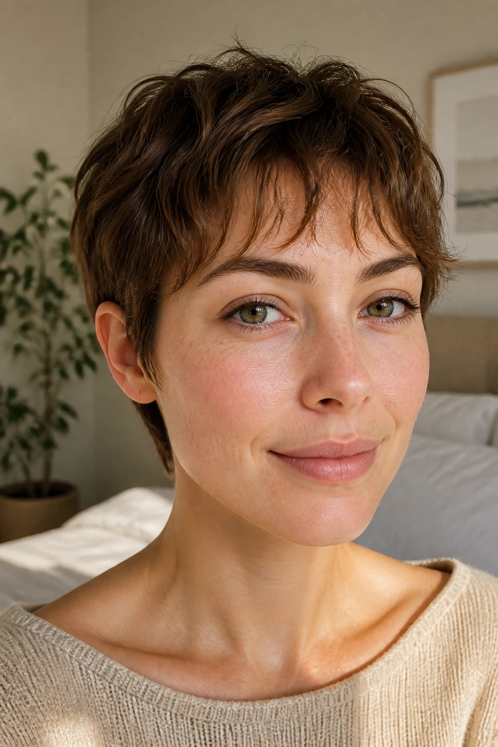 Close-up portrait of a real woman with wispy fringe pixie in a bright bedroom