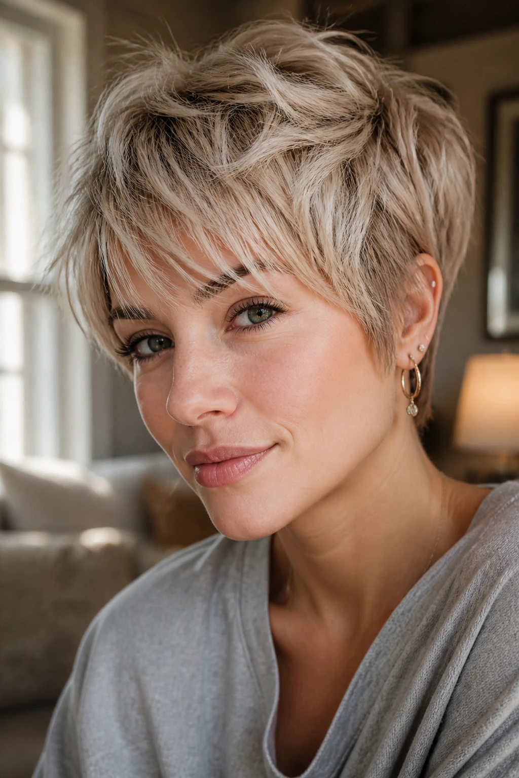 Portrait of a person with wispy fringe pixie showing soft, broken fringe