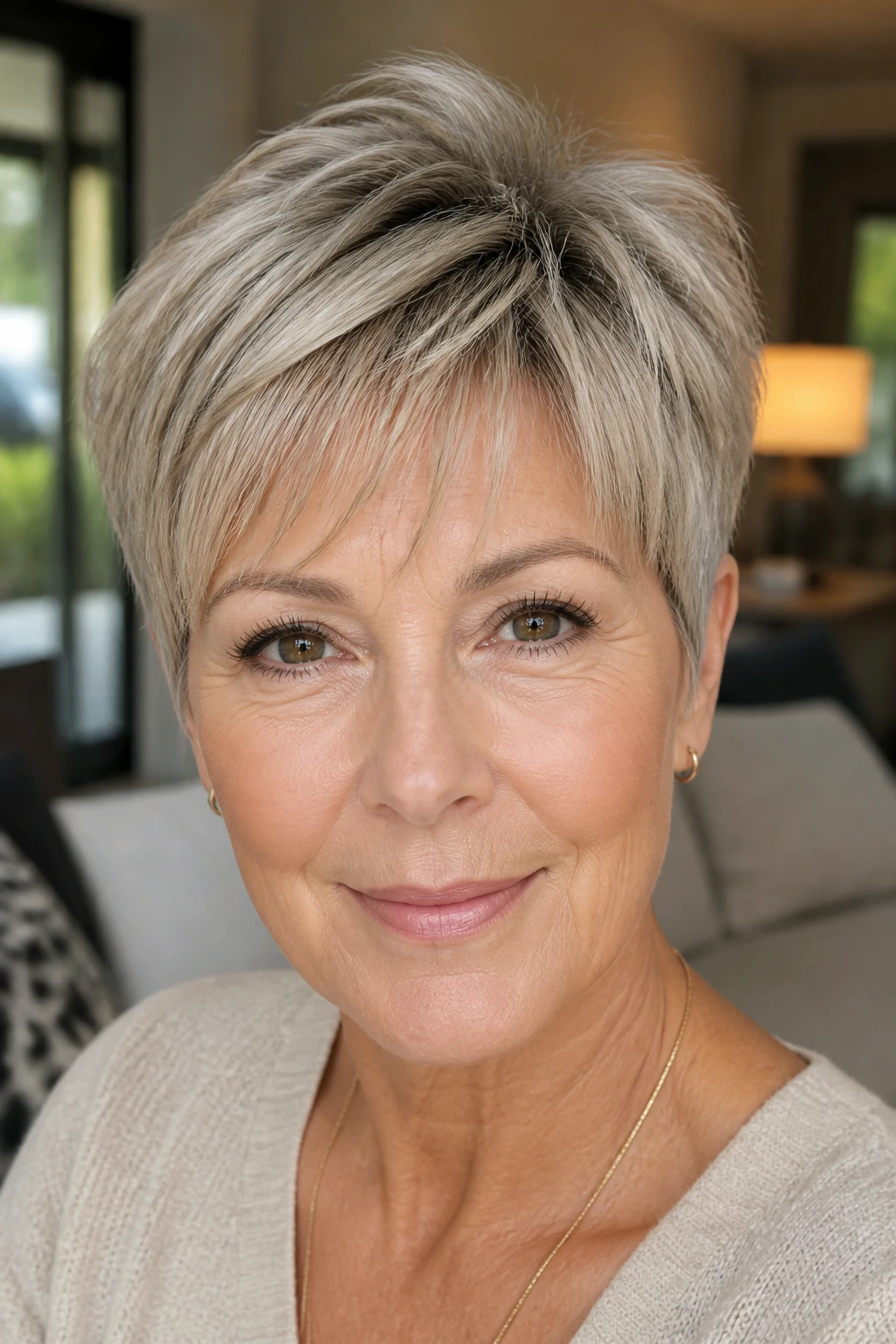 Close-up portrait of a real woman wearing a wispy fringe pixie with soft fringe across brow