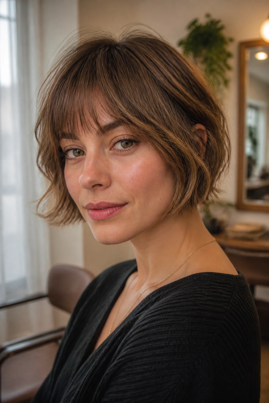 Close-up portrait of a woman with wispy fringe framing the brow in warm light