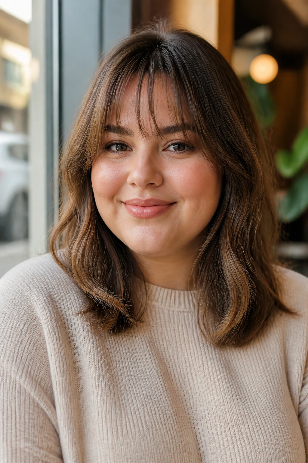 Portrait of a real woman wearing wispy fringe with soft bends