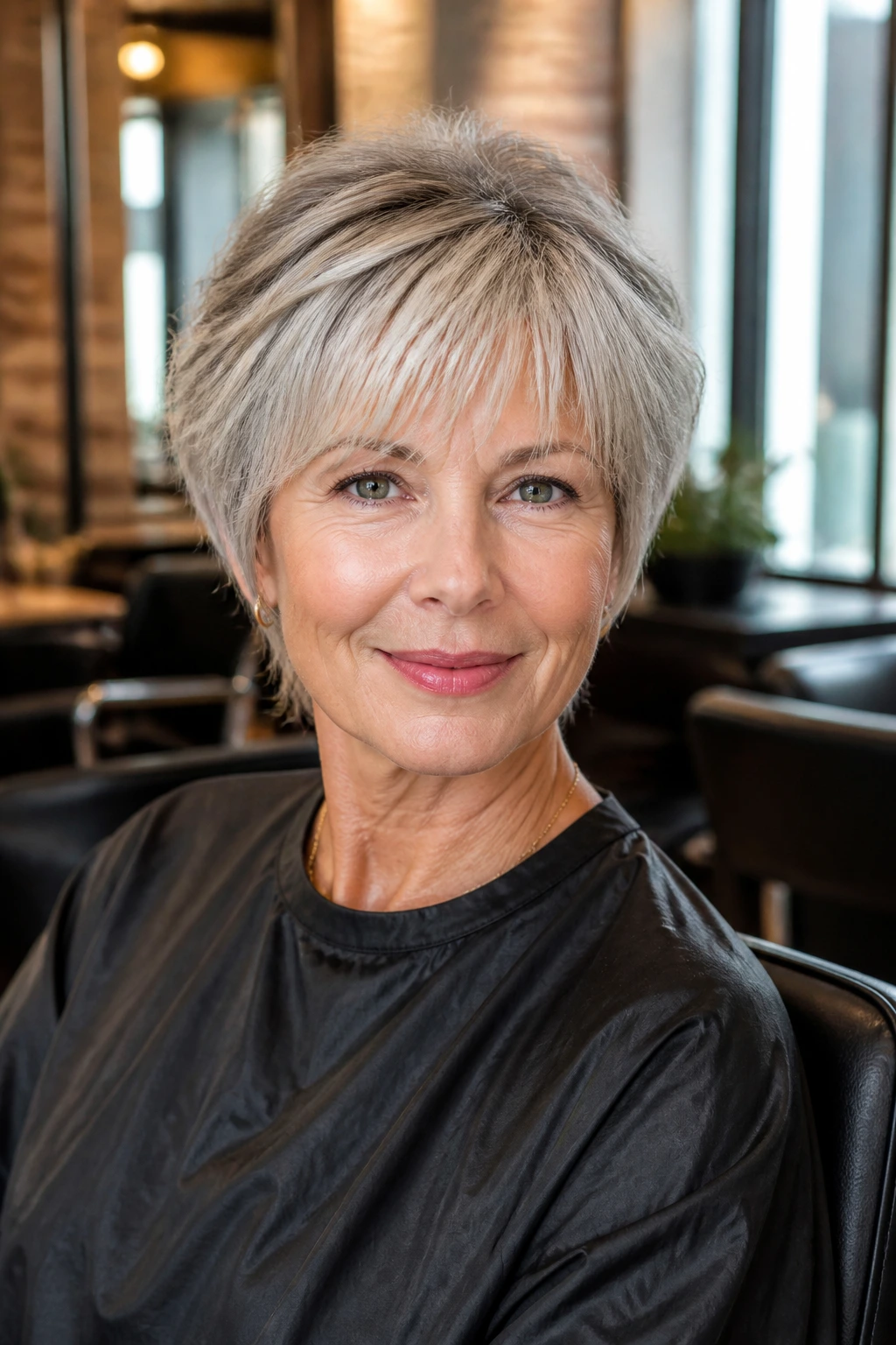 Portrait of a real person in a salon chair with wispy fringe