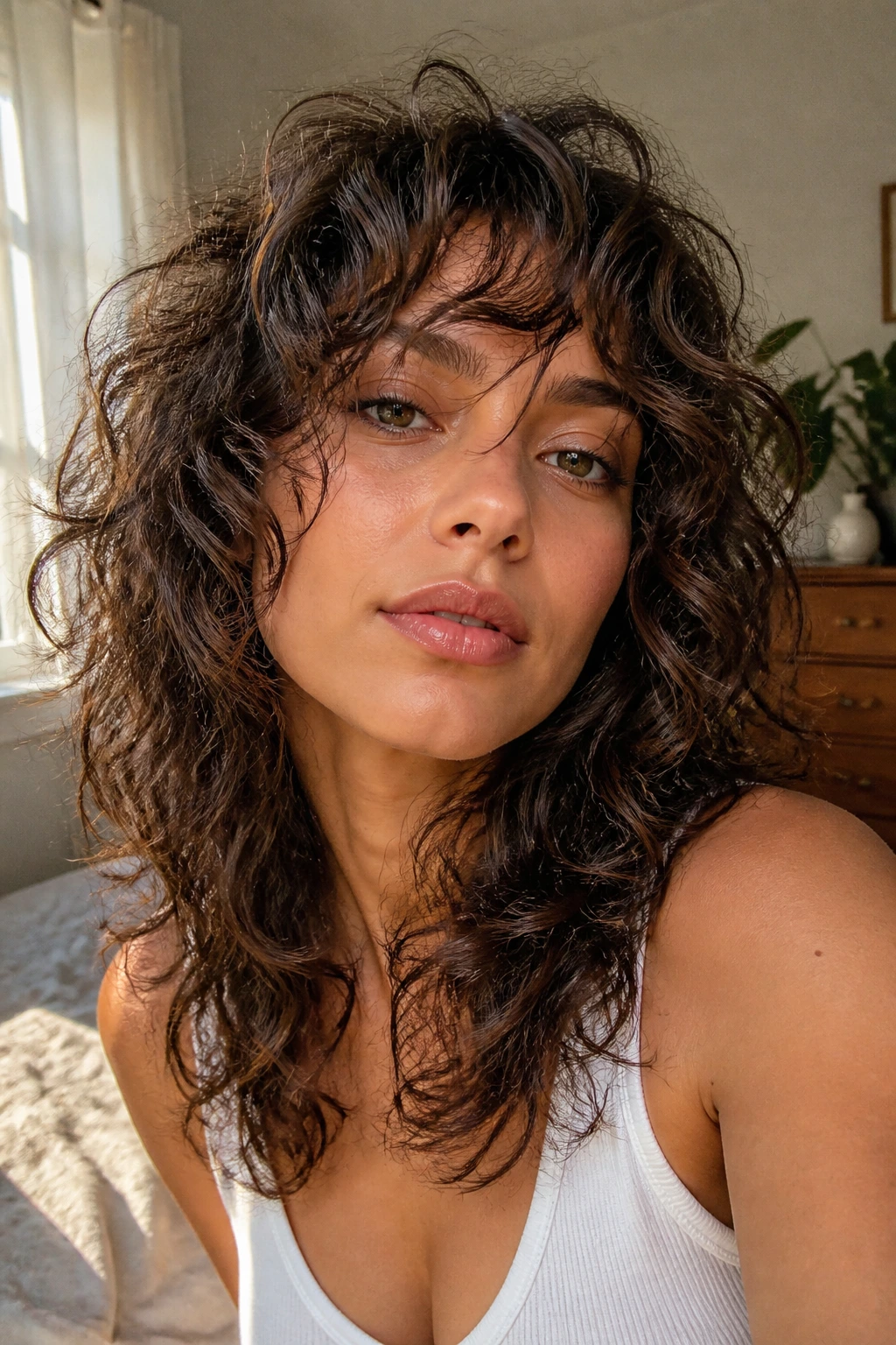 Close-up of a real woman's face showing wispy fringe shag in soft natural light.