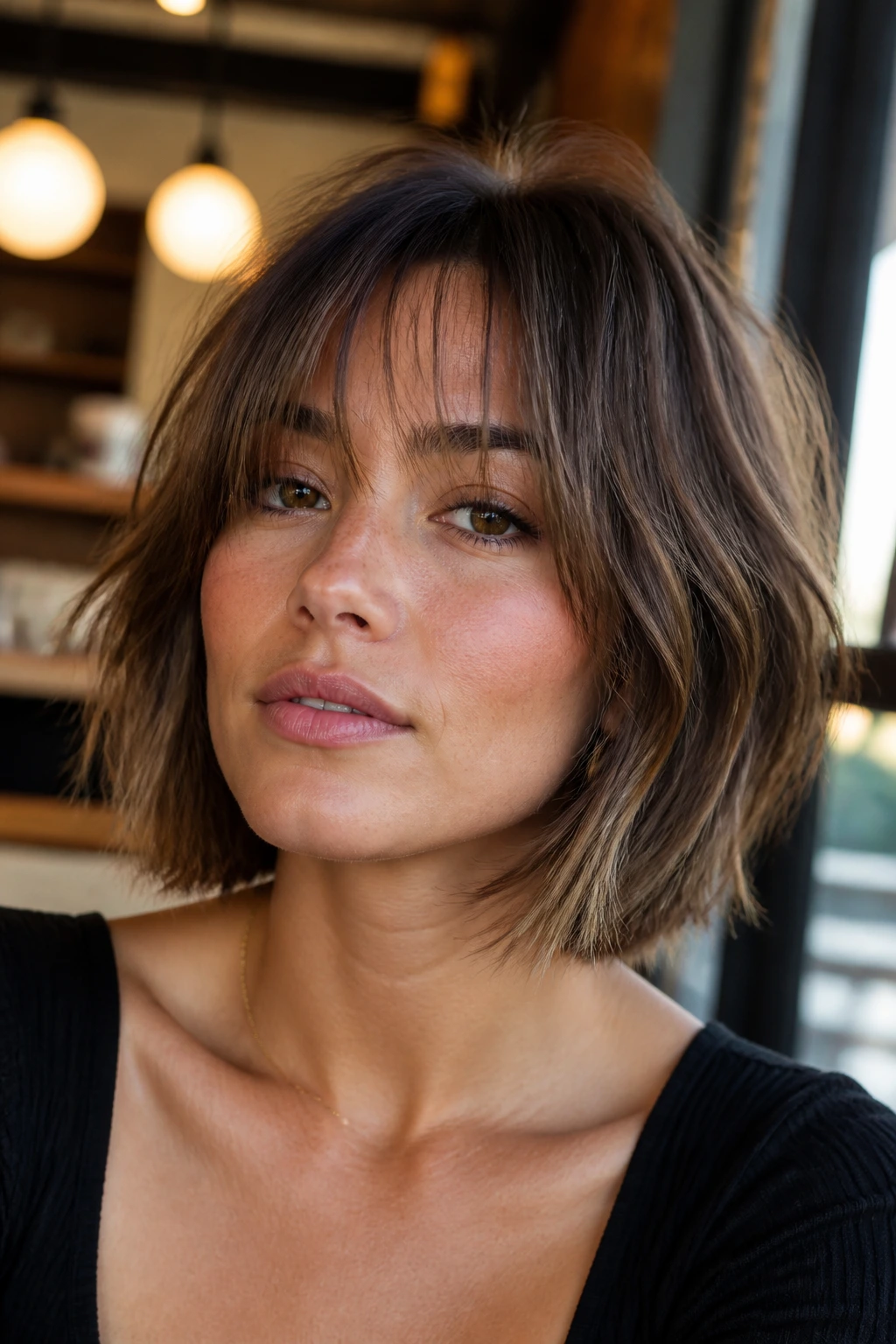 Close-up portrait of a real woman with chin-grazing wispy fringe shag and open features
