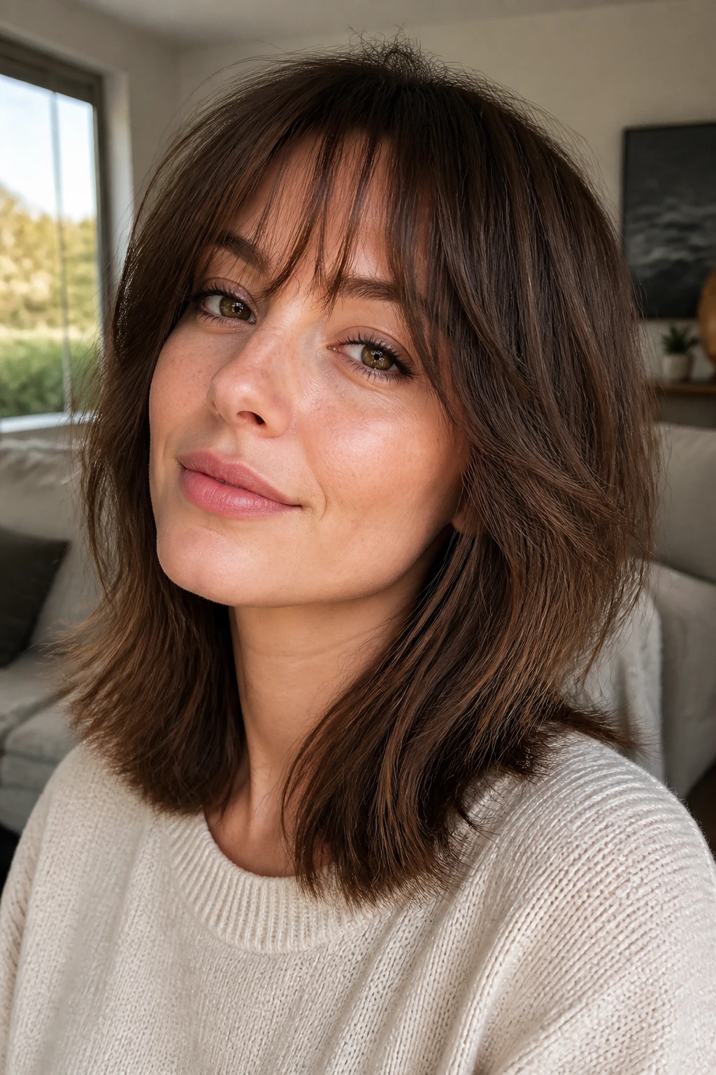 Close-up portrait of a real person with wispy fringe shag on straight medium-length hair