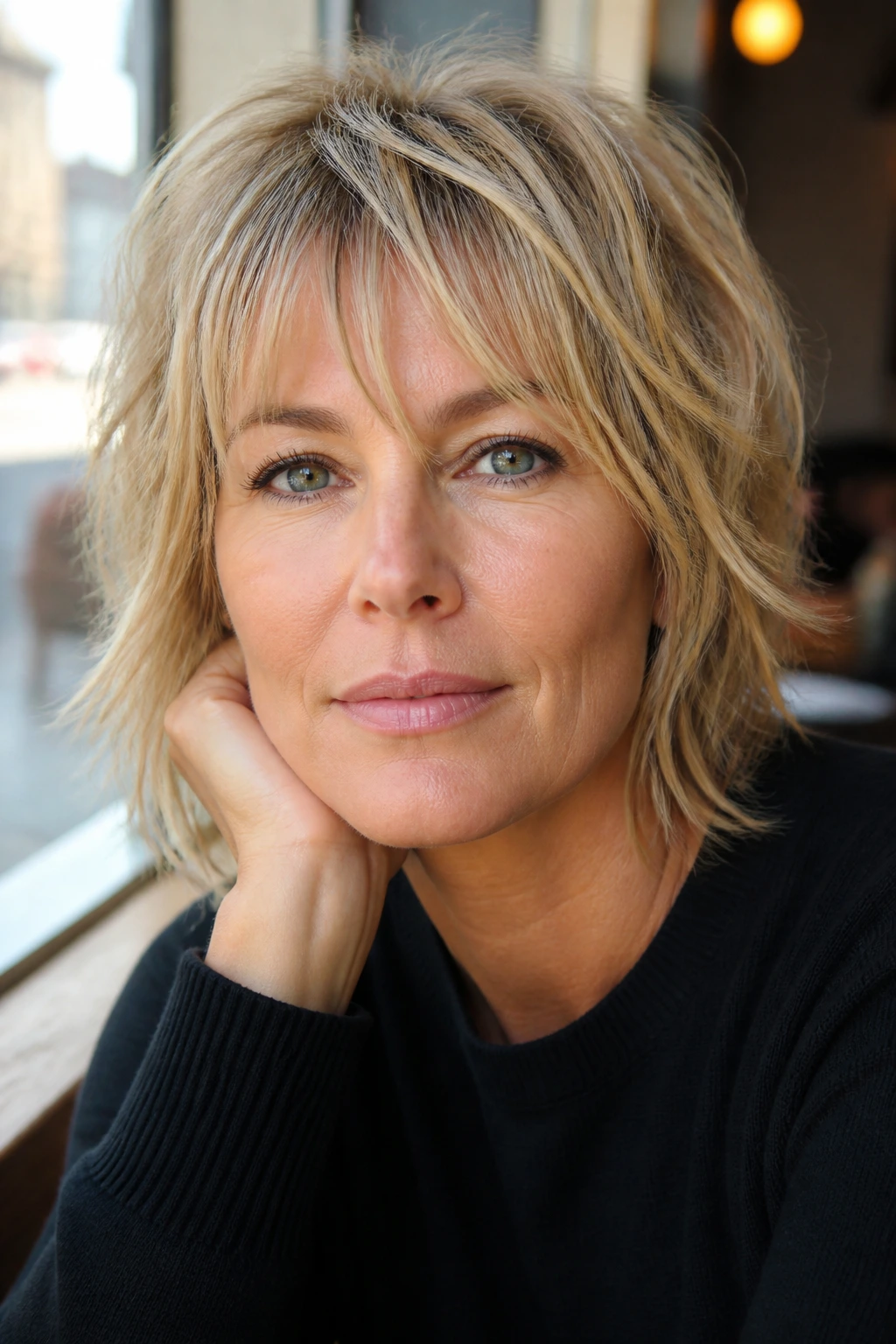 Close-up portrait of a woman with wispy fringe shag in a cafe window setting