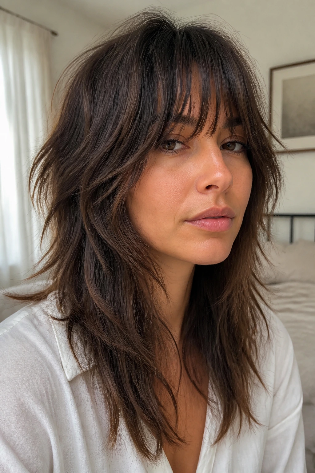 Close-up of a real woman with wispy fringe shag in soft indoor light