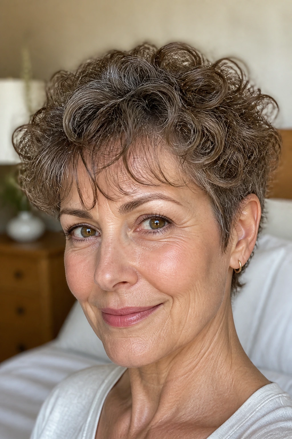 Close-up of a real woman with Wispy Fringe Crop for Forehead Softness.