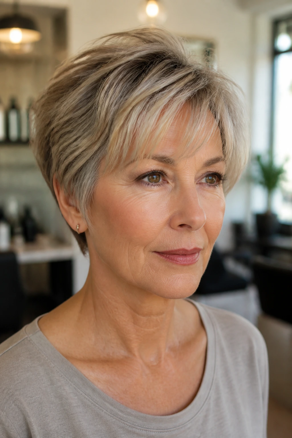 Real woman with short layered hair and wispy fringe in a bright salon