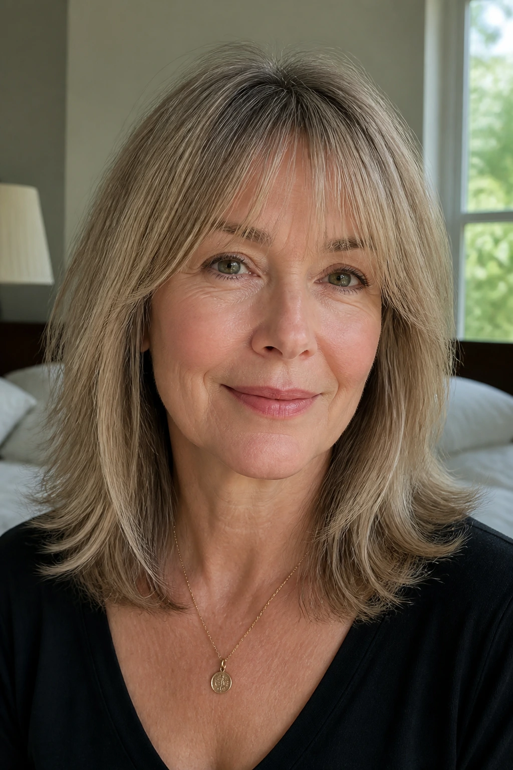 Real woman with wispy fringe and shoulder-grazing layers in soft window light
