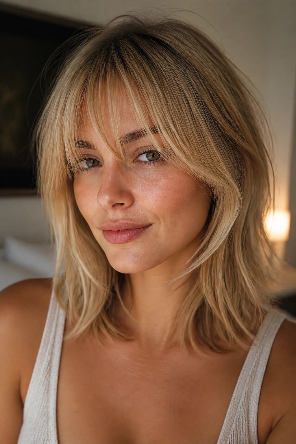 Real woman with wispy fringe and shoulder-length layers for soft framing.