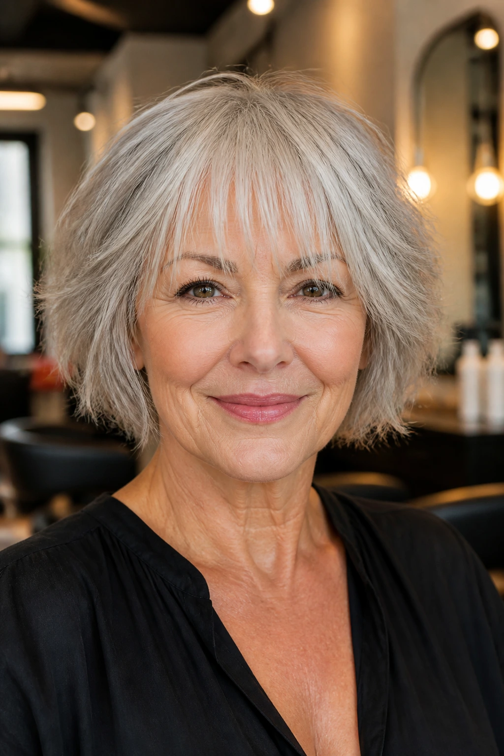 Close-up of a real woman with a wispy fringe on silver hair in a salon