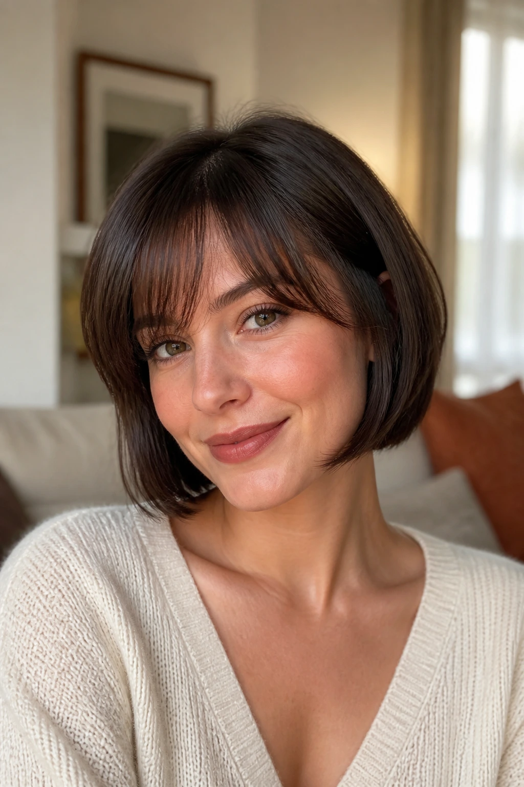 Close-up of a woman with wispy fringe softening a blunt bob.