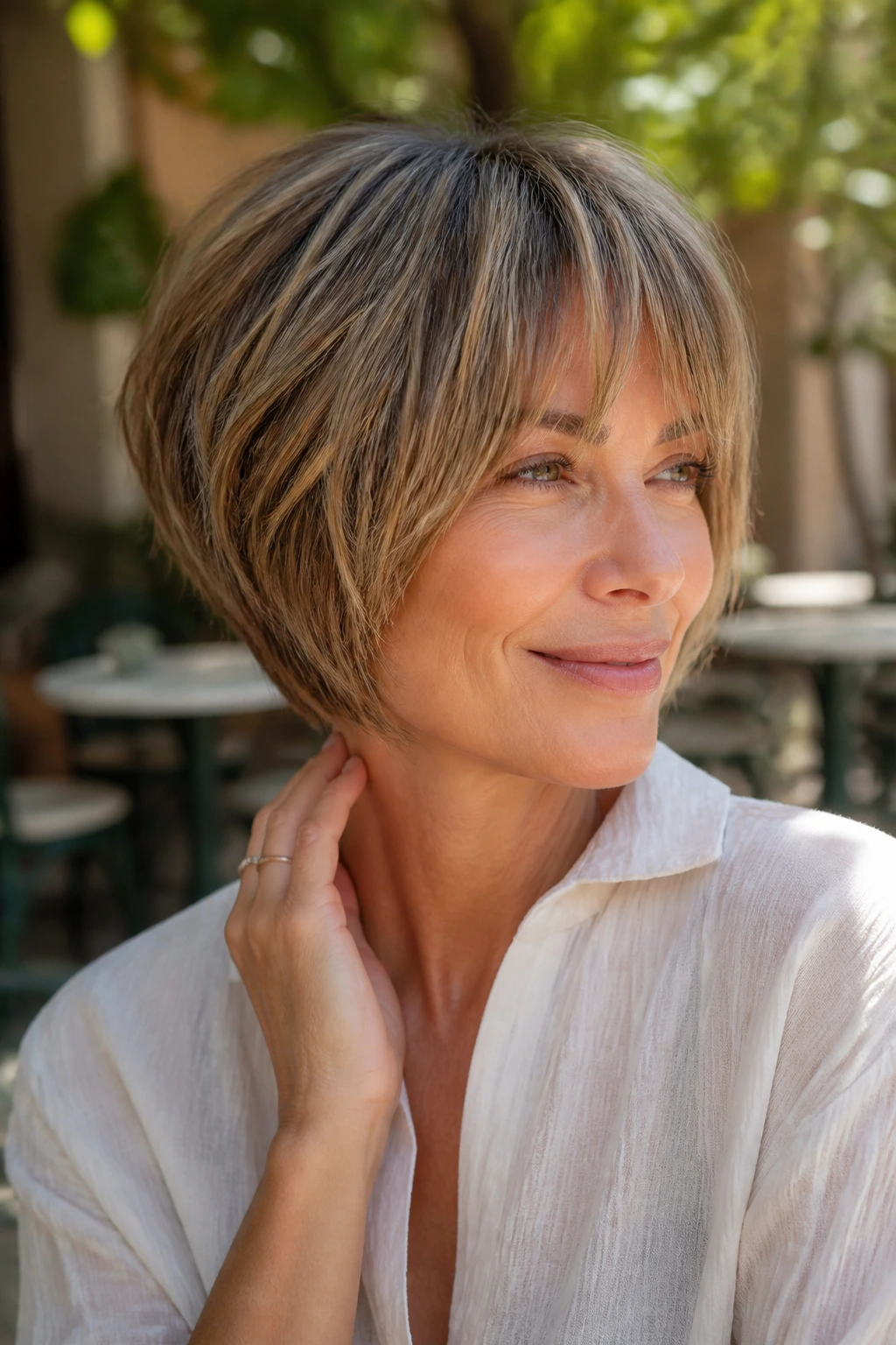 Close-up portrait of a real woman with wispy fringe and a stacked bob; airy, light-framed look.