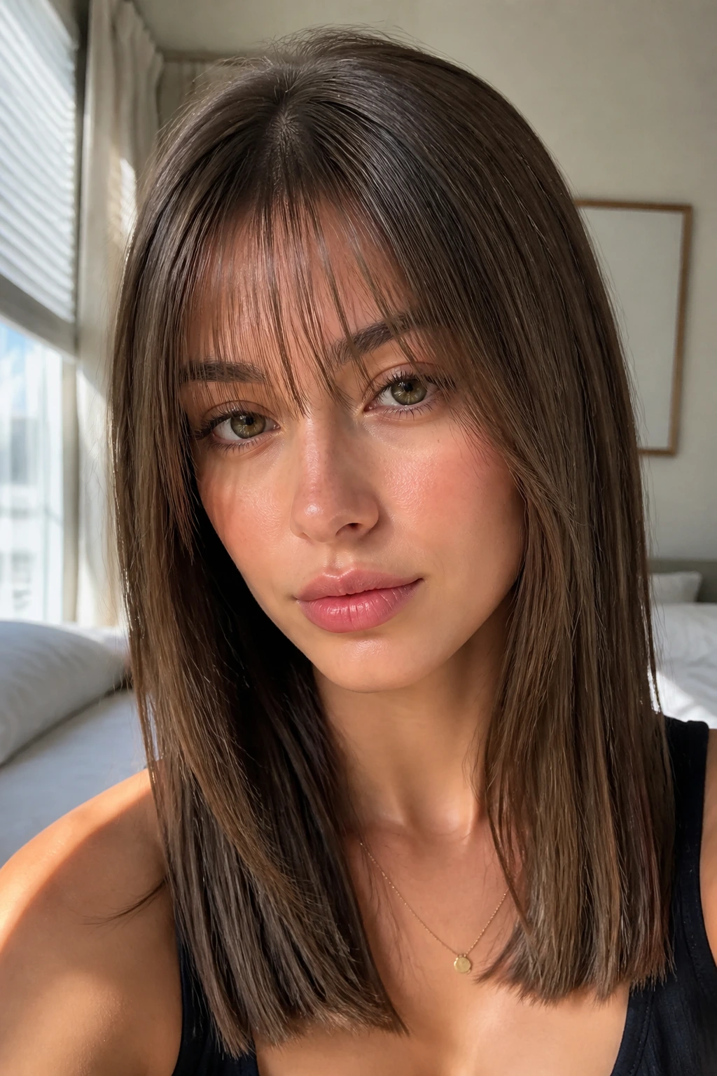 Real person with wispy fringe and straight hair in soft daylight