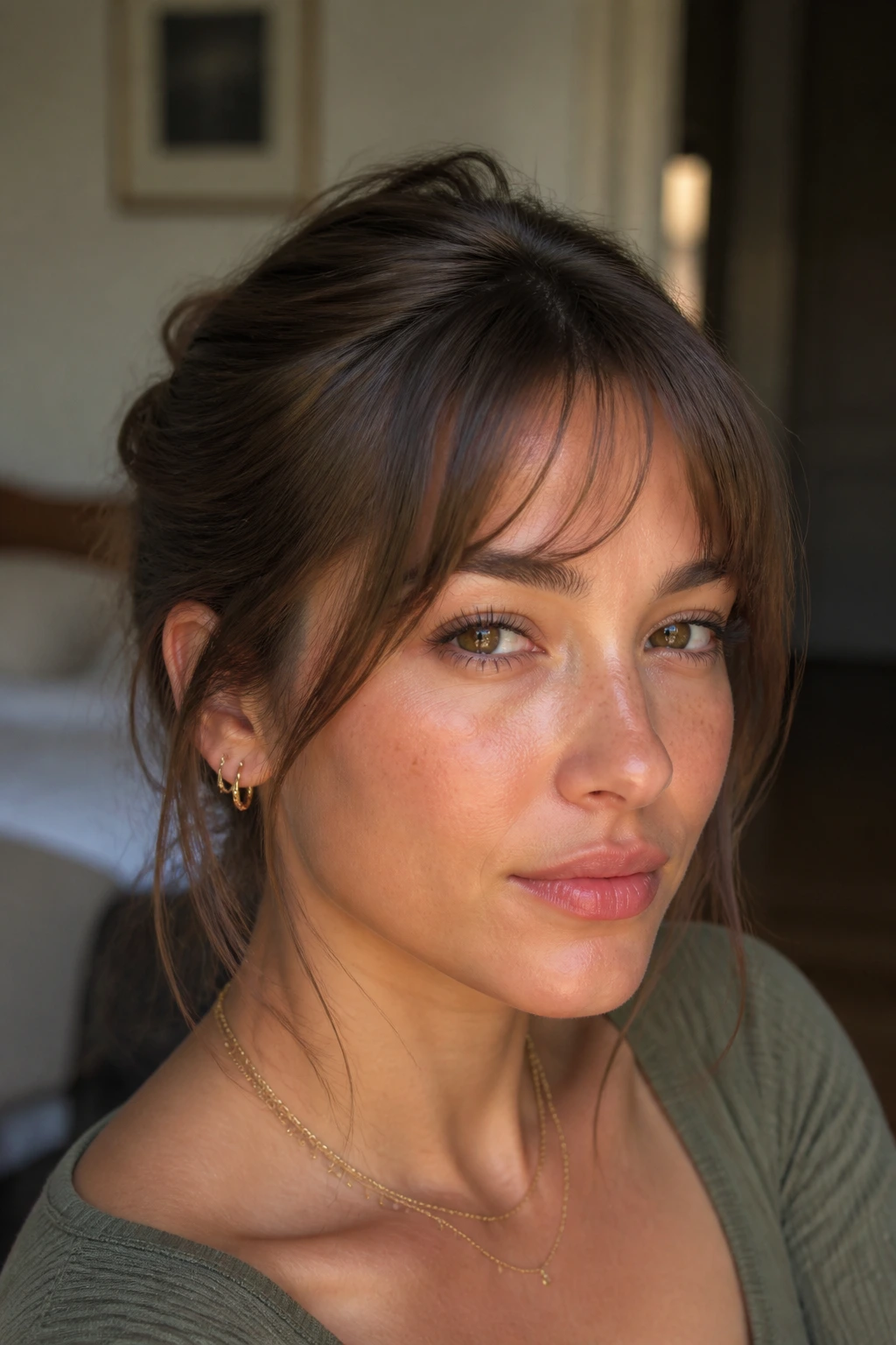 Close-up of a real woman with wispy micro-swoop fringe