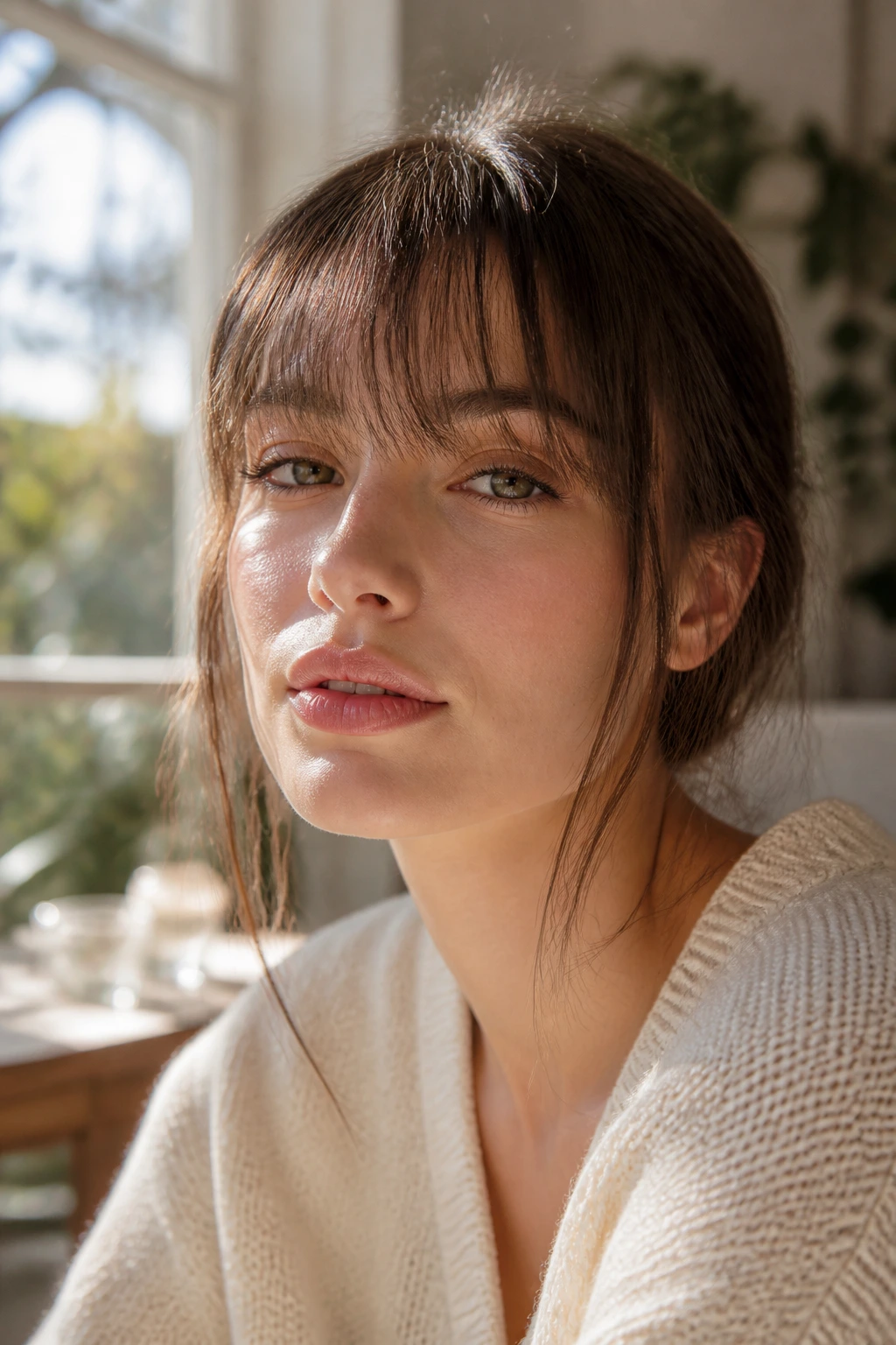 Close-up of a real woman with wispy tea-length fringe around the brows in soft light.