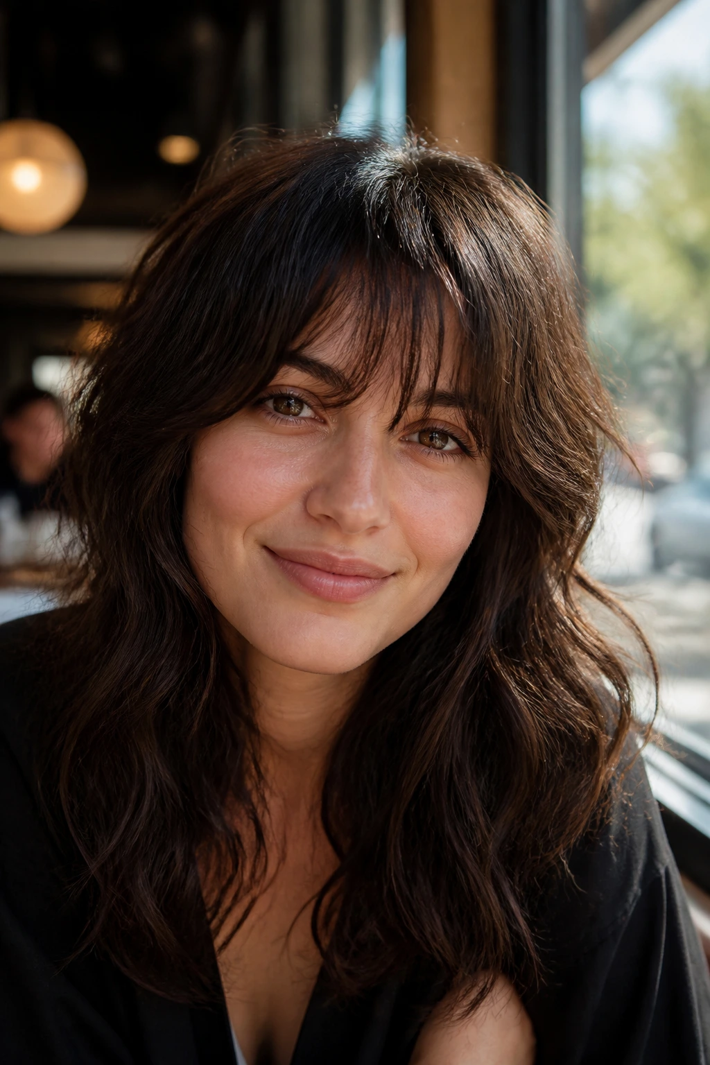 Close-up portrait of a real woman with wispy heavy fringe on thick wavy hair in sunlit cafe light