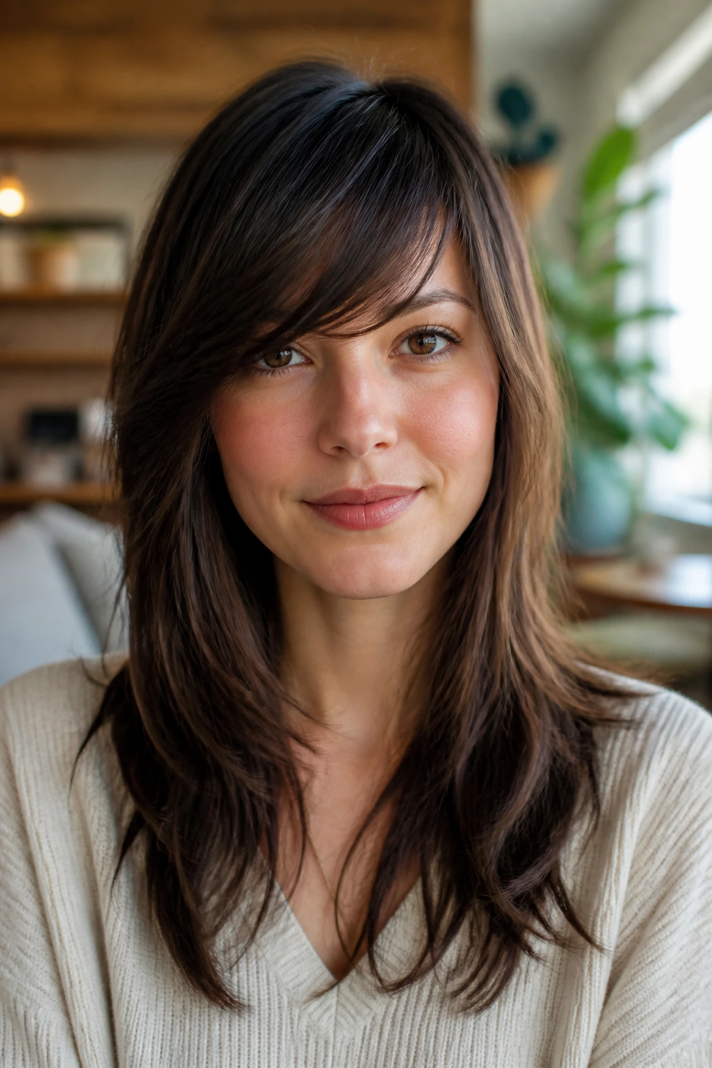 Close-up of a person with neatly kept wispy side bangs and a defined shape.