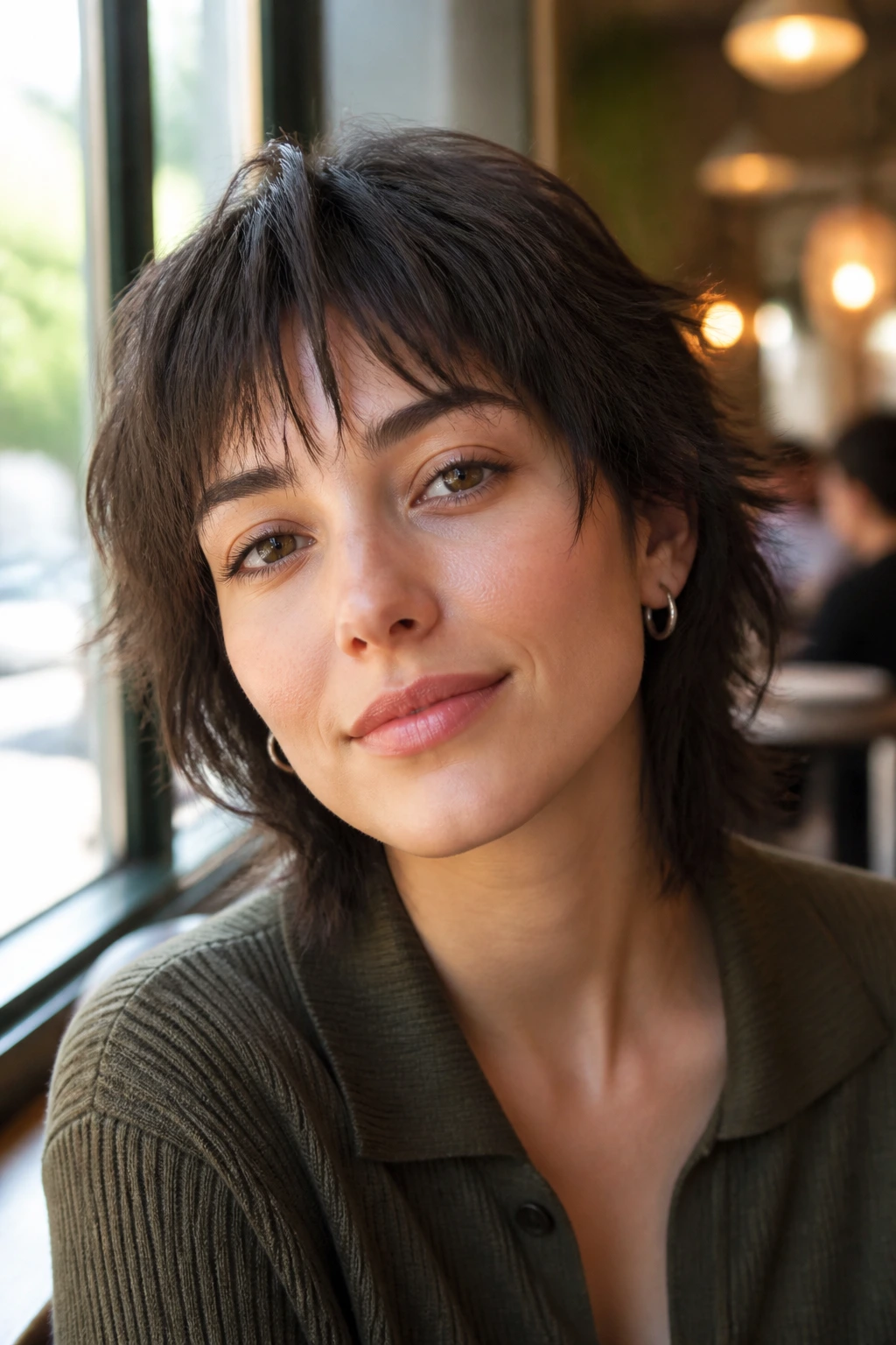 Close-up portrait of a real person with wispy fringe wolf cut, soft uneven fringe framing the face.