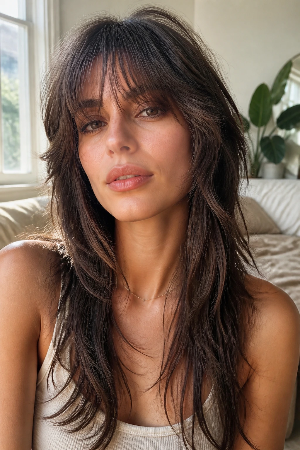 Close-up portrait of a real person with wispy fringe wolf cut in a sunlit bedroom