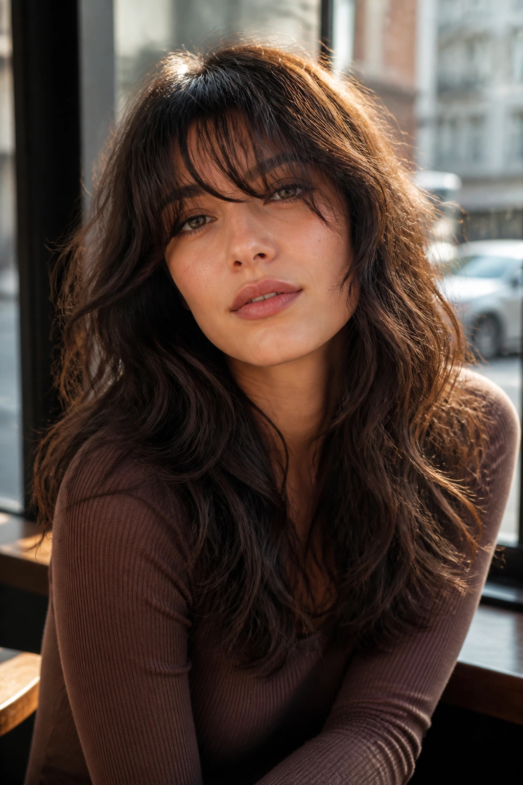 Close-up portrait of a real woman with wispy bangs and thick wavy hair