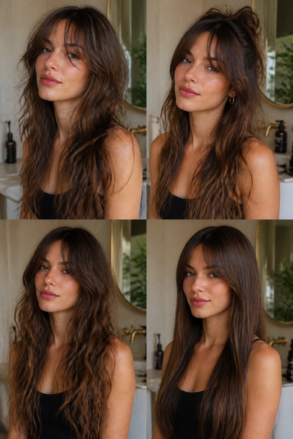 Portrait showing a real woman with long wispy hair styled in four looks