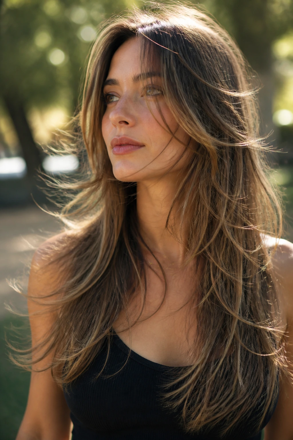 Portrait of a woman with wispy hair moving in breeze