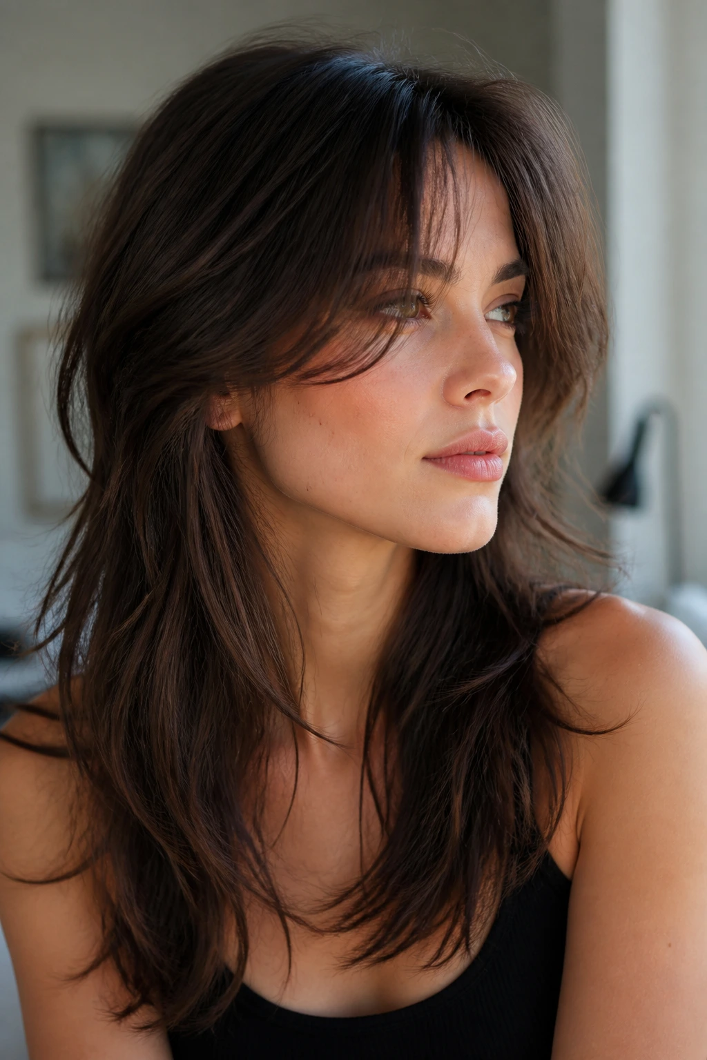 Close-up portrait of a real person with wispy layers softening a square jawline