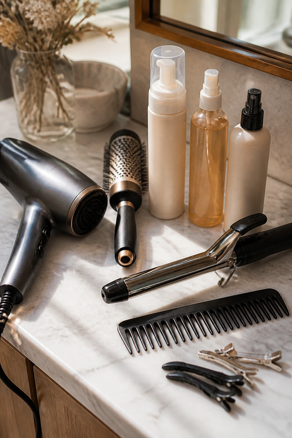 Close-up still life of wispy hair tools on a vanity with unlabeled bottles