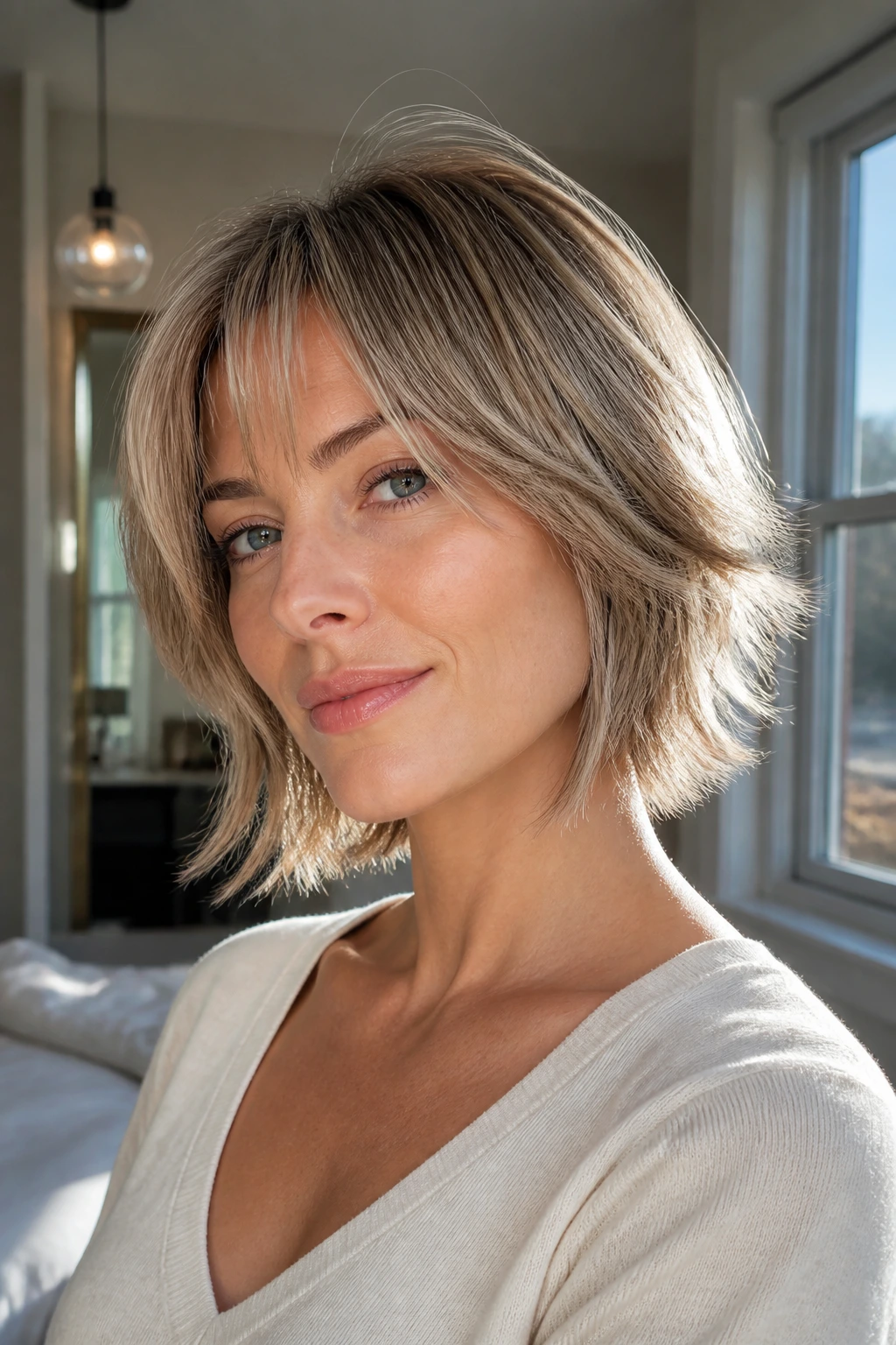 Close-up portrait showing a wispy haircut with a clean perimeter and soft interior.