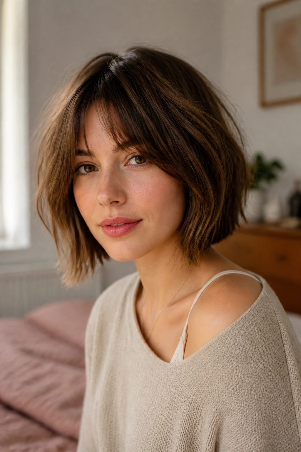 Close-up portrait of a real woman with a wispy chin-length bob in natural window light