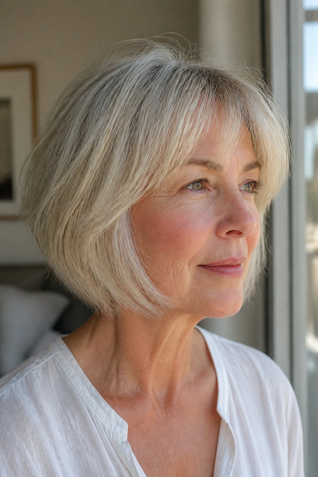 Close-up portrait of an older woman with a wispy layered bob